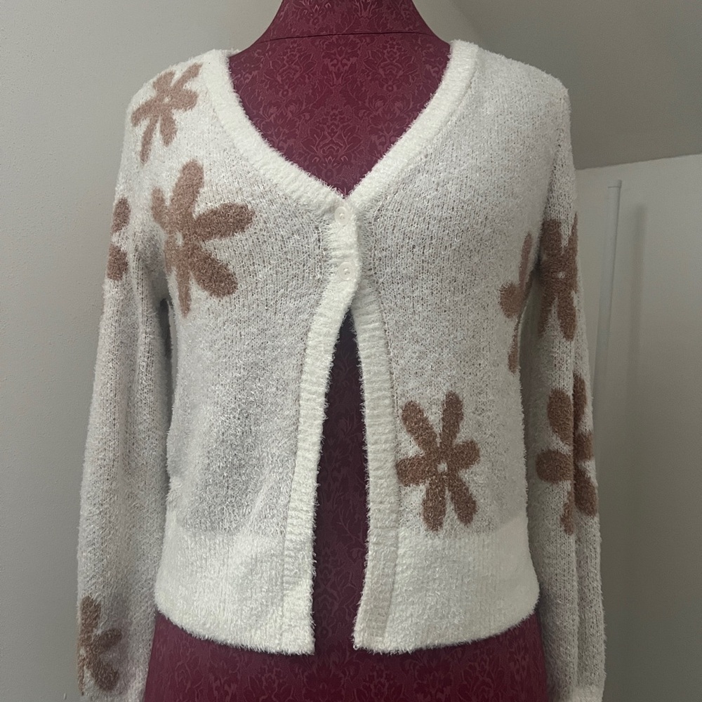 Abercrombie Kids White and Brown Floral Cardigan